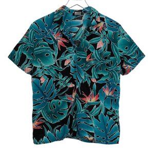 Hilo Hattie Floral Hawaiian Shirt Womens Size Small Black Vintage Bird of Paradi